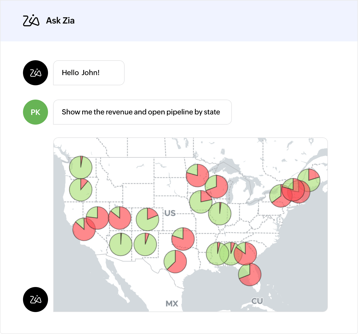 Interface do Zoho Analytics — perguntas em linguagem natural com a Zia