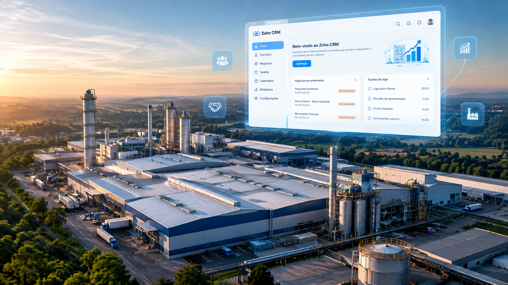 Ilustração geométrica de linha de produção conectada a um fluxo comercial