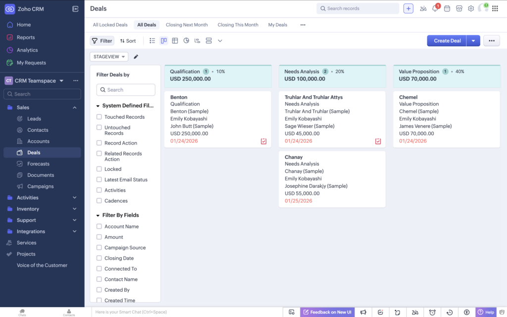 Interface do Zoho CRM — Funil e cadências