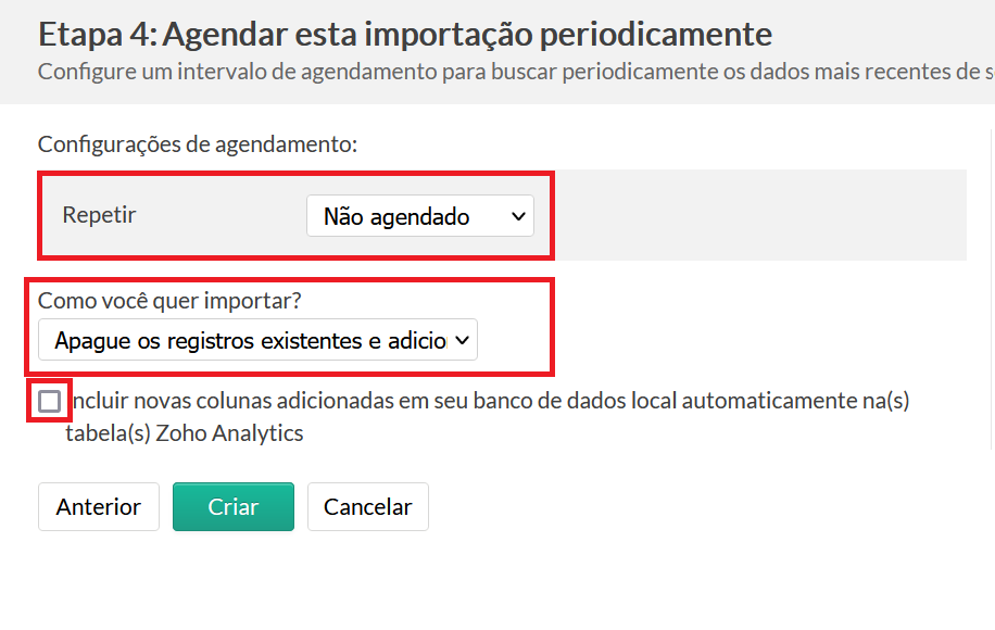 Opções de importação de dados