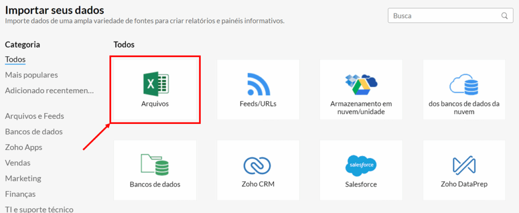 Seleção da opção Arquivos no menu de importação
