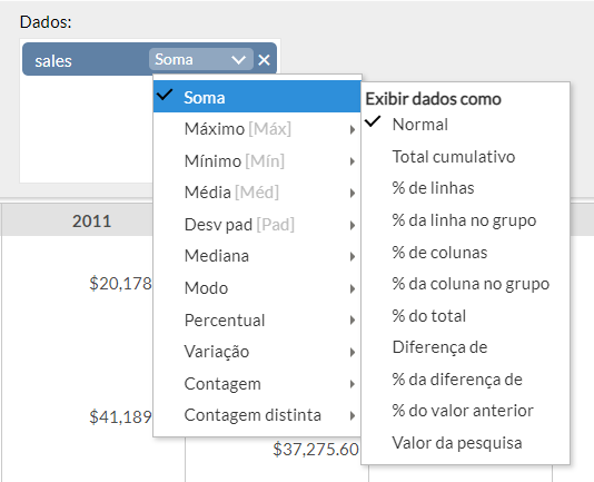 Configuração de função agregadora na tabela Pivô