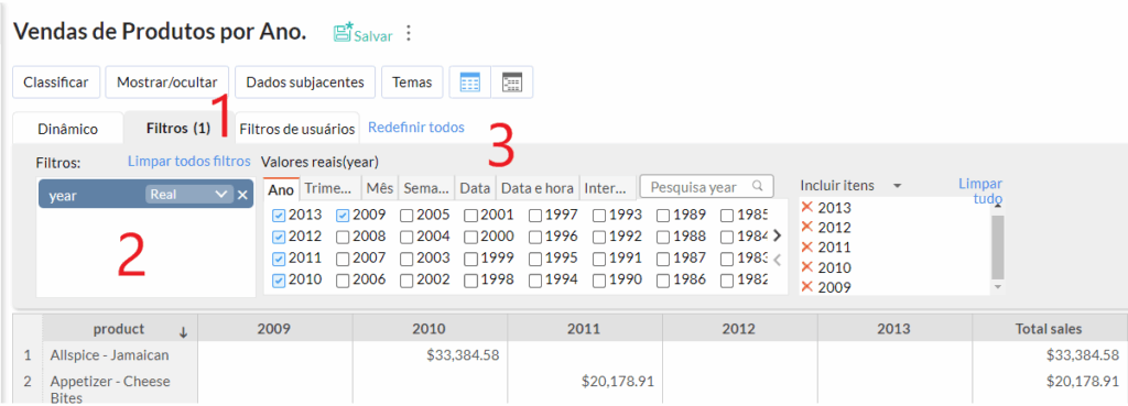 Aplicação de filtros na Exibição Pivô