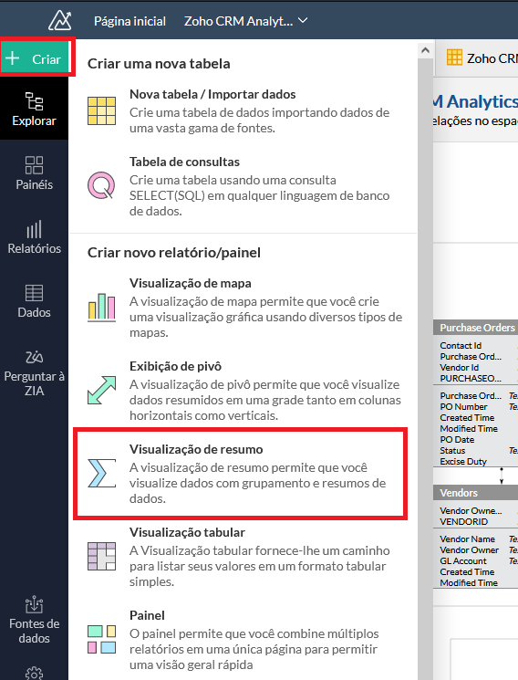 Menu Criar com opção Visualização de resumo