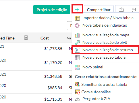 Botão de adicionar visualização na tabela