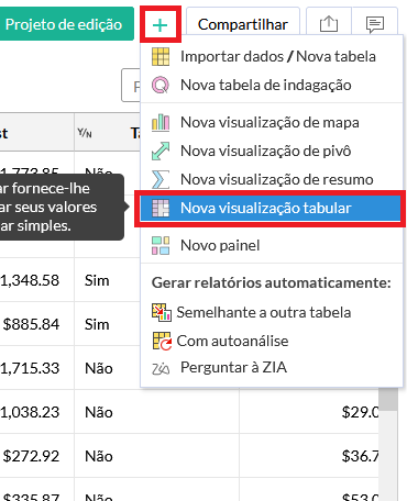 Nova visualização tabular