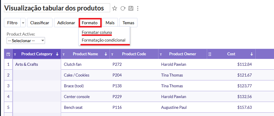 Opções de formatação