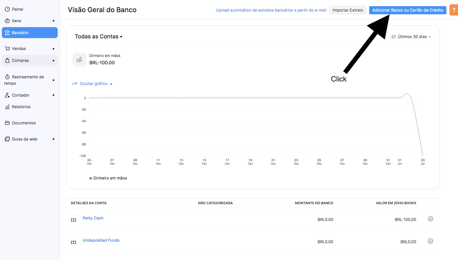 Lista de contas bancárias no Zoho Books
