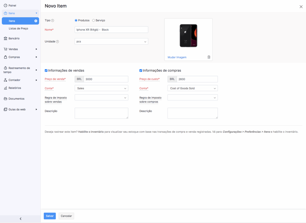 Formulário de criação de novo item no Zoho Books