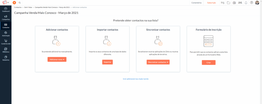 Métodos para adicionar contatos à lista no Zoho Campaigns