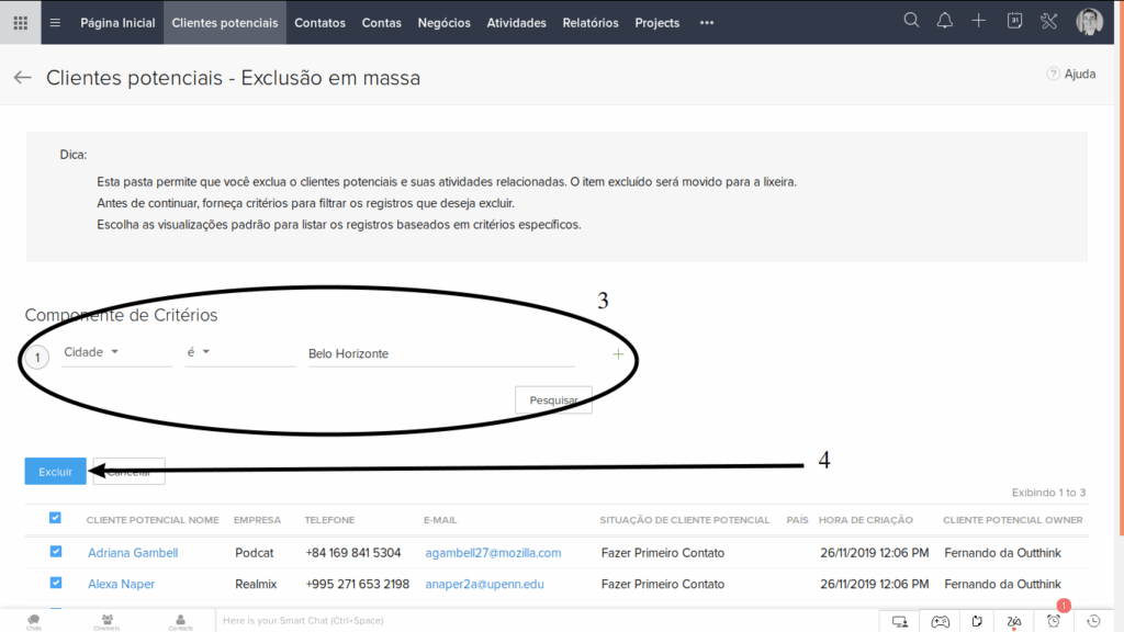 Seleção de registros para exclusão