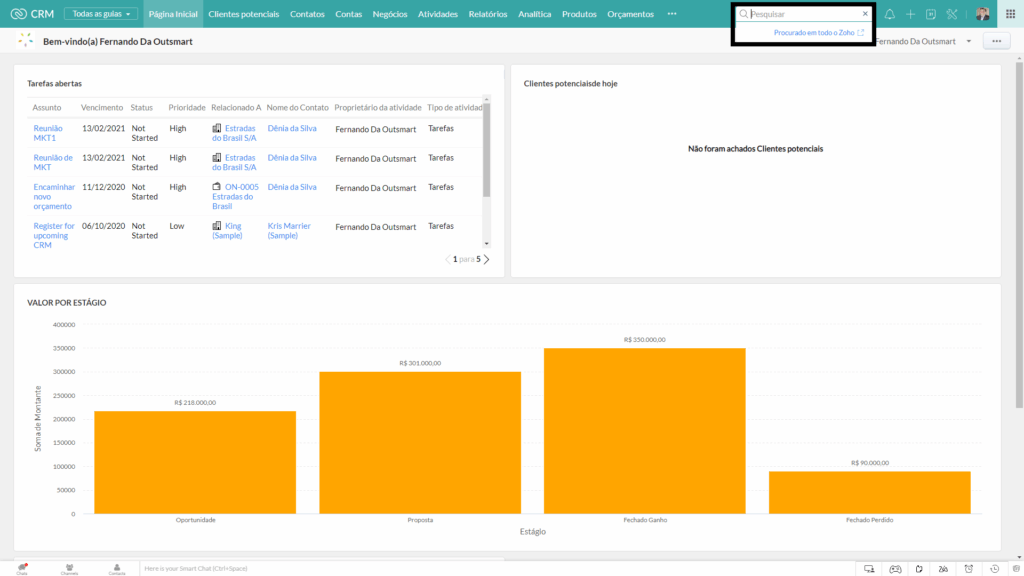 Resultados de pesquisa no Zoho CRM