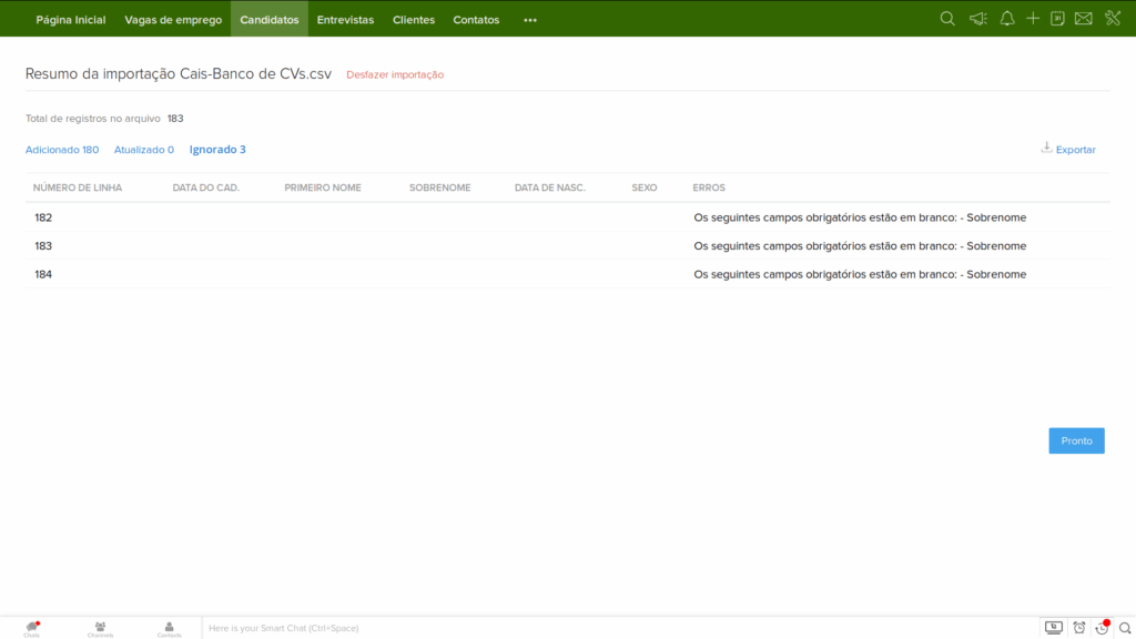 Passo 10 da importação no Zoho Recruit