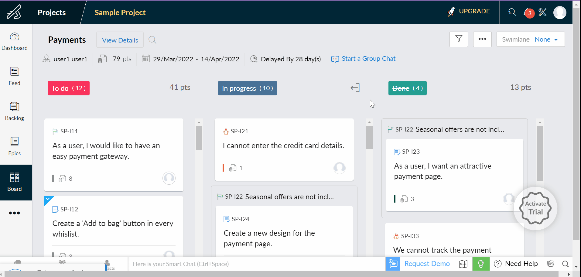 Quadro Kanban do Zoho Sprints
